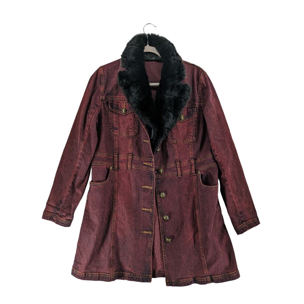 Diane Gilman DG2 Red Denim Trench Faux Fur‎ Collar Coat M Vintage Button Jacket